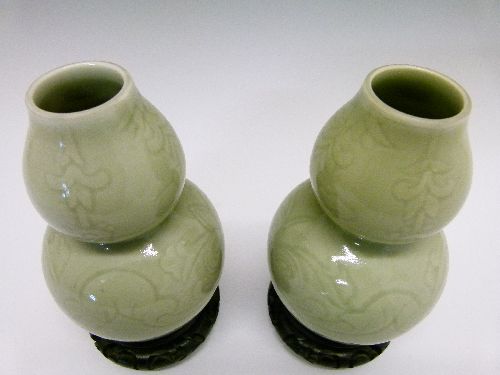 Pair of Chinese celadon glazed porcelain double gourd shaped vases, each having engraved foliate - Image 5 of 6