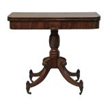 George IV mahogany rectangular fold over tea table standing on a turned pillar and quadripartite