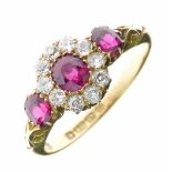 Edwardian ruby and diamond 18ct gold ring, Birmingham 1905, the central oval cut stone, 4.3mm x 4mm,