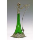 WMF green glass and pewter claret jug of slender flared form, the pewter mounts with Art Nouveau