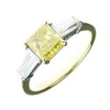 Fancy yellow diamond ring, the Princess cut, untested and unwarranted for treatment or