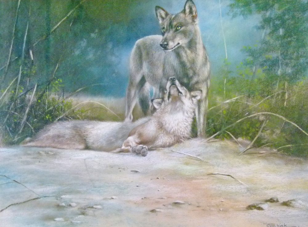 Joel Kirk (b.1948) - Pastel - Landscape with wolves, signed, 43cm x 58cm A.R.  Condition: **