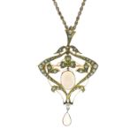 Edwardian opal and seed pearl pendant brooch, of Art Nouveau influence, stamped 15ct, set with a