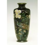 Japanese cloisonné vase, Meiji period, decorated with a peacock perched amongst foliage on a dark