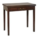 George III mahogany rectangular top fold over supper table fitted one short drawer to the frieze and