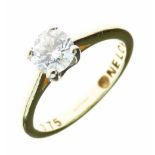 Diamond single stone 18ct gold ring, the brilliant cut of approximately 0.8 carats, the yellow shank