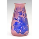 Loetz cameo glass vase having blue stylised foliate decoration on a textured pink ground,