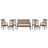 Edwardian mahogany seven piece drawing room suite comprising: two seater settee, two open arm