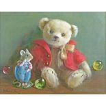 Deborah Jones (1921-2012) - Oil on canvas - Teddy Bear With Porcelain Mouse And Marbles, signed,