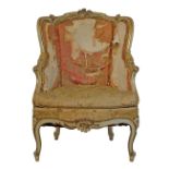 19th Century carved giltwood and painted framed drawing room armchair standing on cabriole supports