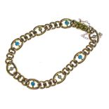 Edwardian turquoise and seed pearl bracelet, stamped '9ct', the hollow links alternate set at