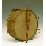 Late 19th Century brass marching drum, 36cm diameter together with a pair of mahogany sticks with