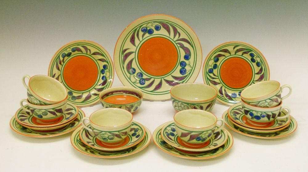 Clarice Cliff Fantasque 'Cherry' pattern tea service comprising: six cups, six saucers, six side