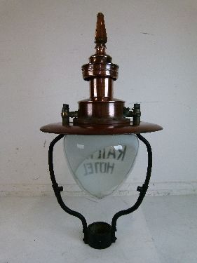 Large early 20th Century copper and wrought iron gas lamp head, the clear and white glass dome - Image 3 of 8