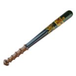 Victorian polychrome painted wooden police truncheon having a turned handle and bearing a crowned