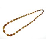 Graduated row of amber beads, the thirty-five barrel shaped beads of approximately 0.9cm to 2cm in