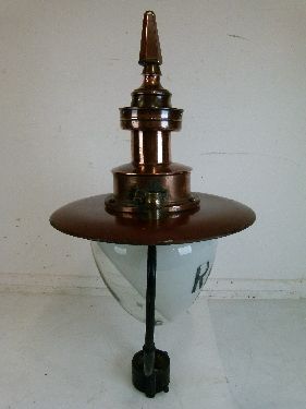 Large early 20th Century copper and wrought iron gas lamp head, the clear and white glass dome - Image 2 of 8