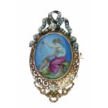 Continental 19th Century pendant brooch, with a central enamel panel of a female and a sleeping