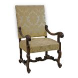19th Century carved walnut Carolean style open arm elbow chair, the scroll arms with acanthus and