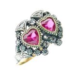 Synthetic ruby and rose diamond lovers hearts ring, size Q½, 5.4g gross  Condition: Width of head