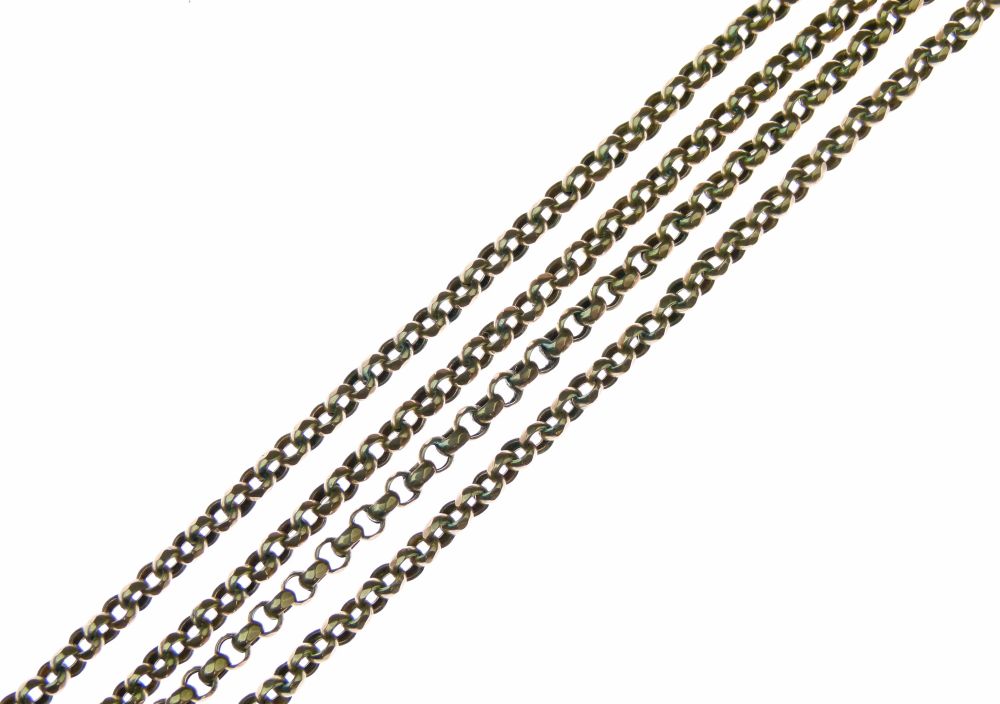 Guard chain, tagged '9ct', of round faceted belcher links, 146cm long, 30.5g gross  Condition: **