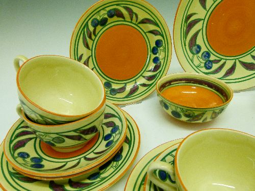 Clarice Cliff Fantasque 'Cherry' pattern tea service comprising: six cups, six saucers, six side - Image 2 of 5