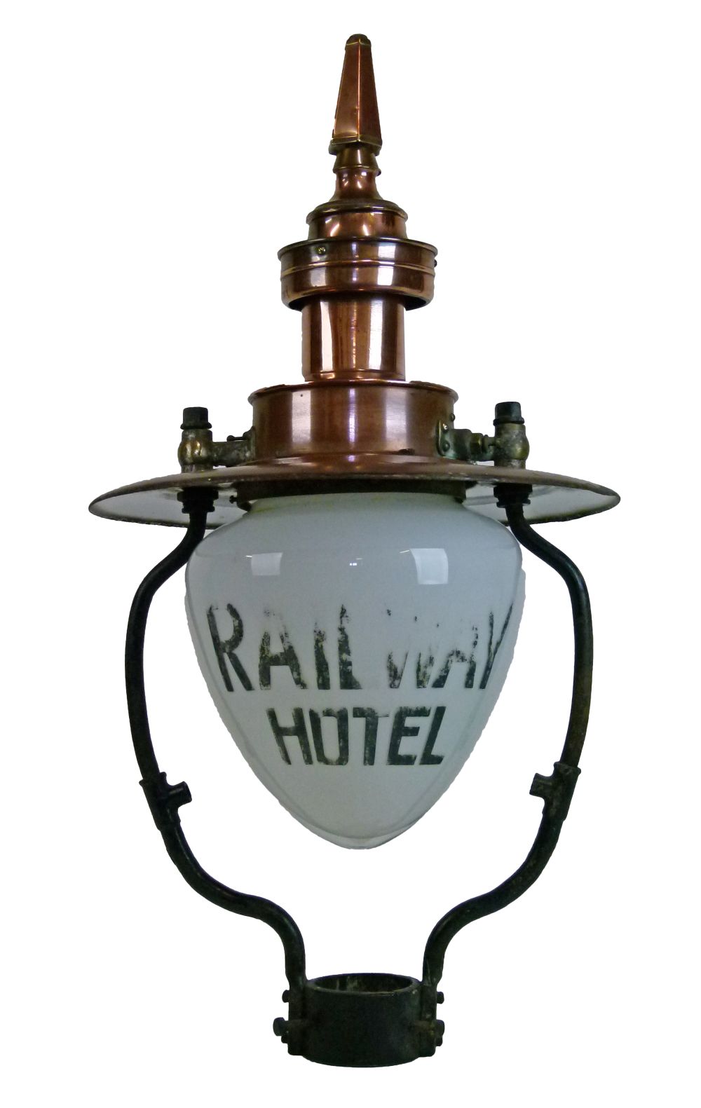 Large early 20th Century copper and wrought iron gas lamp head, the clear and white glass dome