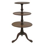 George III mahogany circular dumb waiter fitted three graduated tiers and standing on a spiral twist