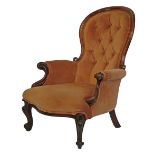Victorian gentleman's mahogany framed balloon back drawing room armchair on cabriole supports