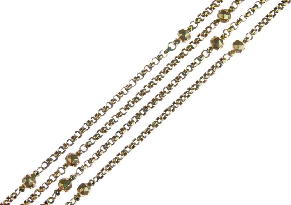 Guard chain, indistinctly tagged, of round faceted belcher links interspaced with faceted beads,