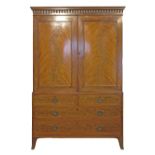 George III mahogany linen press having inlaid stringing, the upper section with moulded cornice, two