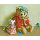 Deborah Jones (1921-2012) - Oil on canvas - Teddy Bear With Toy Mouse And Marbles, signed, 19cm x