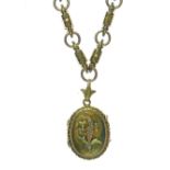 Victorian oval gold locket, circa 1880, unmarked, the concaved front with three colour gold