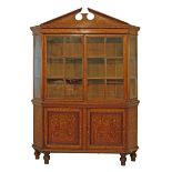 Early 19th Century Dutch marquetry inlaid mahogany two section display cabinet, the upper section