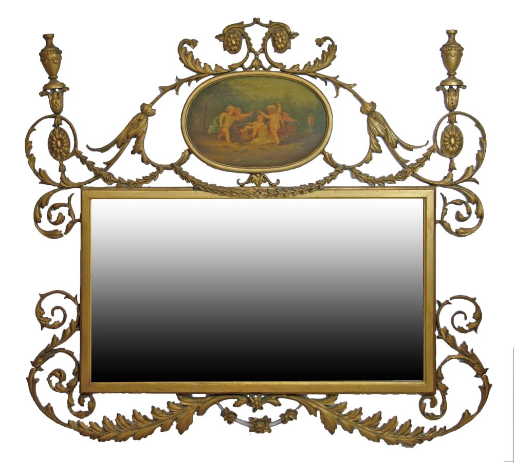 19th Century Adam style wall mirror, the rectangular plate with gilt gesso foliate scrolls,