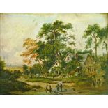 19th Century English School - Oil on board - Rural scene with figures on a lane beside a cottage,