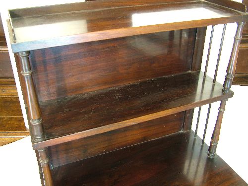 Early Victorian rosewood chiffonier, the raised back fitted open shelves supported by turned - Image 3 of 5