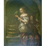 19th Century Dutch School - Oil on copper panel - Lady at a window, a parrot on her right hand,