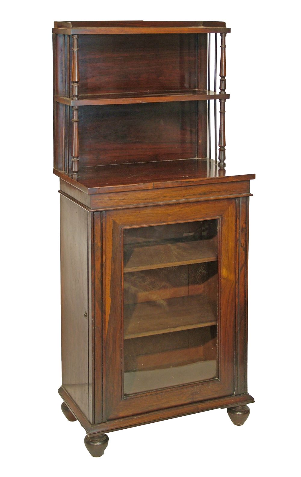 Early Victorian rosewood chiffonier, the raised back fitted open shelves supported by turned