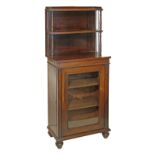 Early Victorian rosewood chiffonier, the raised back fitted open shelves supported by turned