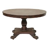Victorian rosewood circular snap top breakfast table standing on a reeded and turned baluster pillar