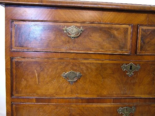 Antique figured and burr walnut veneered chest fitted two short and three long graduated drawers, - Image 6 of 7