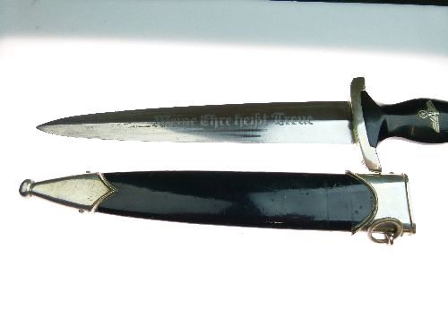 Third Reich Model 1933 SS dagger, polished double edged blade with etched motto 'Meine Ehre heist - Image 5 of 9