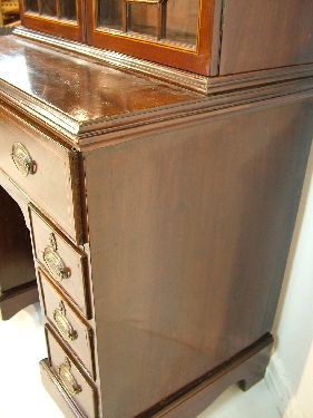 String inlaid mahogany secretaire bookcase, the upper section fitted a swan neck pediment, four - Image 8 of 8