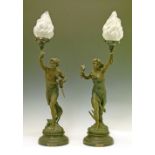 Pair of 19th Century French bronzed spelter figural table lamps depicting classical male and