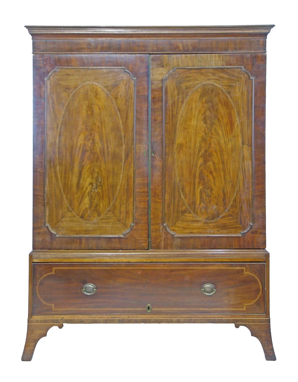 George III mahogany linen press, the upper section having a moulded cornice, two panelled doors with