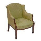 Edwardian inlaid and crossbanded mahogany framed drawing room chair upholstered in yellow brocade