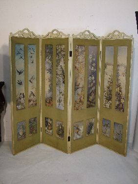 Late 19th Century cream painted framed four fold screen, each panel with Aesthetic style - Image 2 of 9