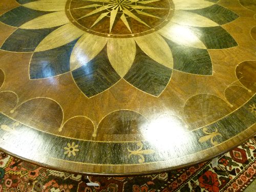 Elaborate parquetry inlaid circular snap top dining table standing on a turned pillar and - Image 3 of 6