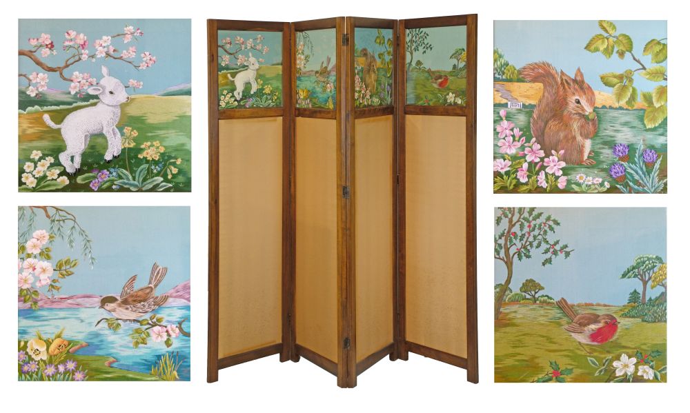 Mid 20th Century mahogany stained beech framed four fold screen, each fitted with a finely